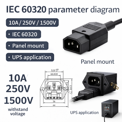 IEC 60320 AC Power Socket 10A 1500V Panel Mount for UPS Systems
